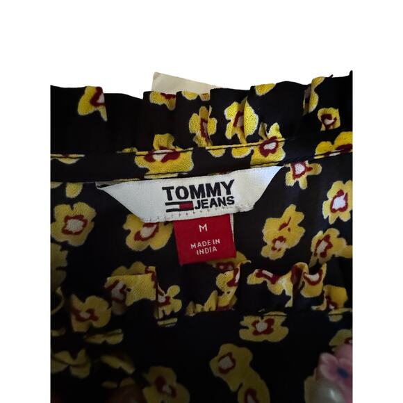 Black Maxi Flowy Dress Yellow Flowers Elastic Waist Tie Back Bow Ruffle Neck M - Picture 4 of 5